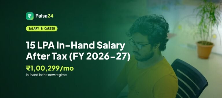 15 LPA In-Hand Salary After Tax (FY 2026-27) – 15 LPA In-Hand Salary After Tax (FY 2026-27) – Young Indian professional working on a laptop in an office