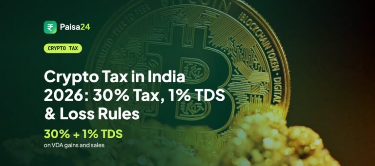 Crypto Tax in India 2026: 30% Tax, 1% TDS & Loss Rules – Bitcoin coin on a pile of gold nuggets
