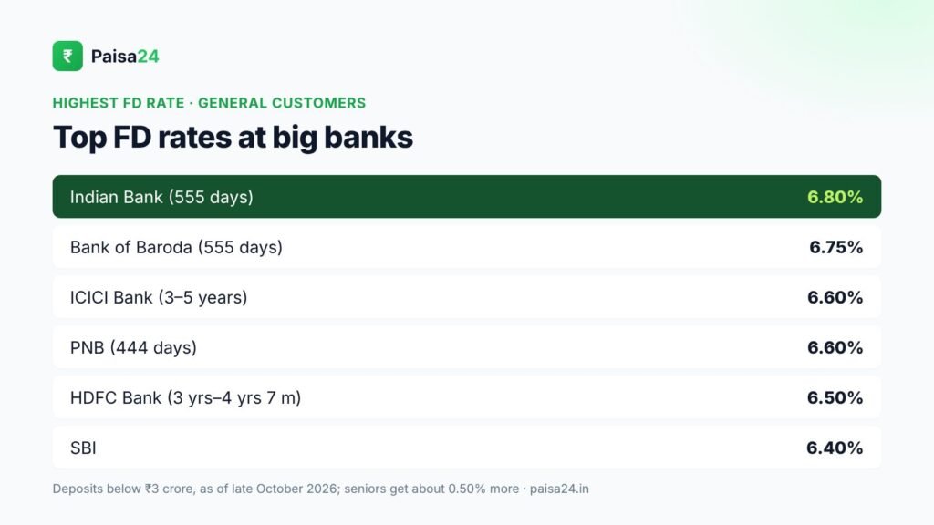 Highest FD rates at SBI, HDFC, ICICI, PNB, Bank of Baroda and Indian Bank in October 2026