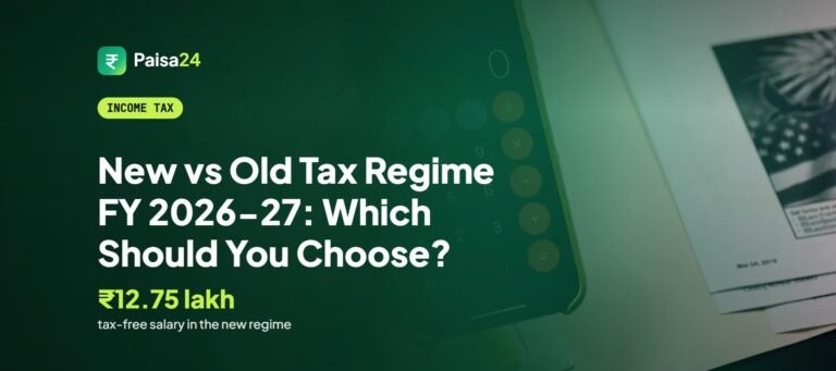 New vs Old Tax Regime FY 2026-27: Which Should You Choose? – New vs Old Tax Regime FY 2026-27: Which Should You Choose? – Hand holding a smartphone with a calculator app over tax papers